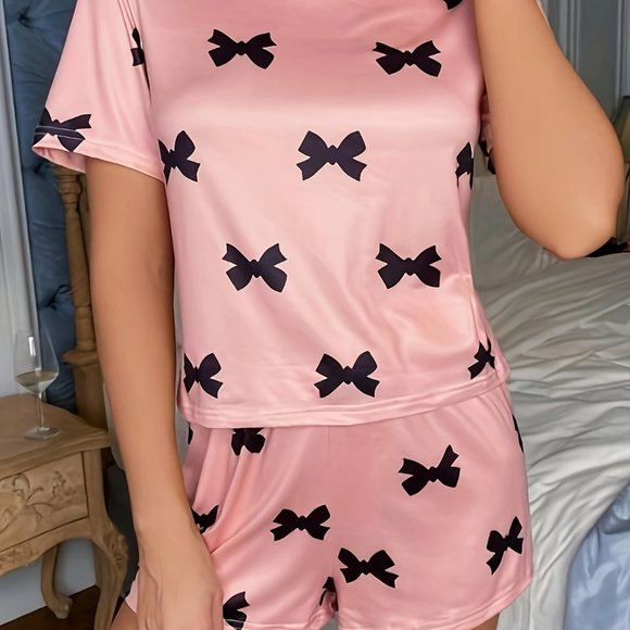 Bow Print Pajamas Set, Short Sleeve Crew Neck Top & Shorts, Women's Sleepwear - Picture 5 of 5